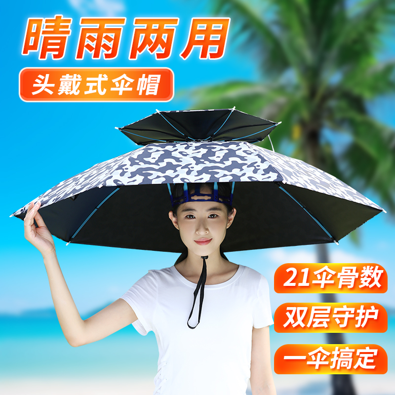 蓝雨鸥伞帽头戴式雨伞帽子钓鱼头戴太阳伞户外采茶环卫防晒折叠伞