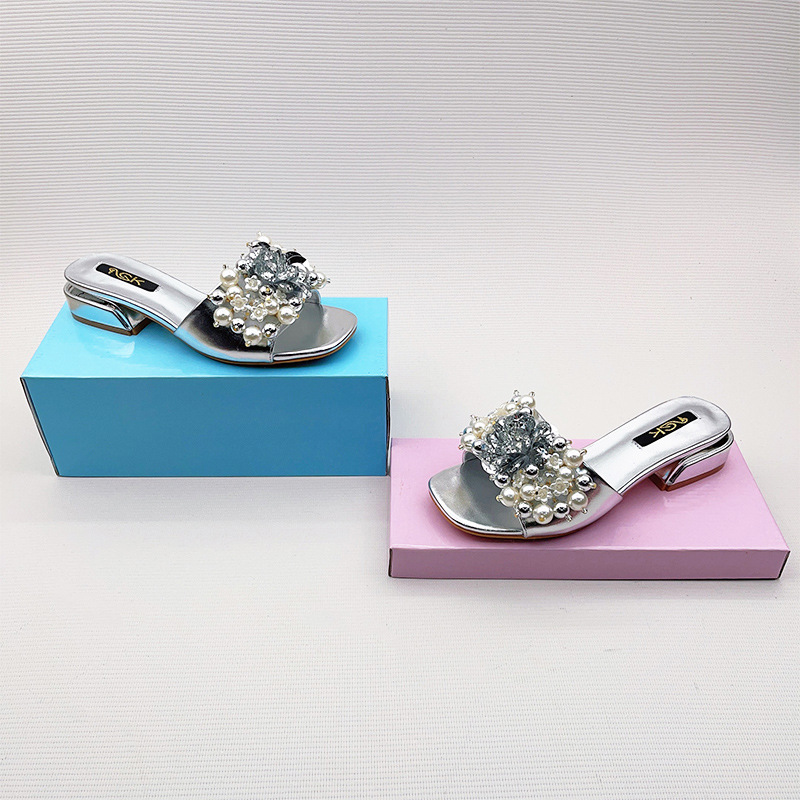 跨境2025夏新款百搭凉拖女外穿时尚聚会性感珠子欧美风拖鞋shoes