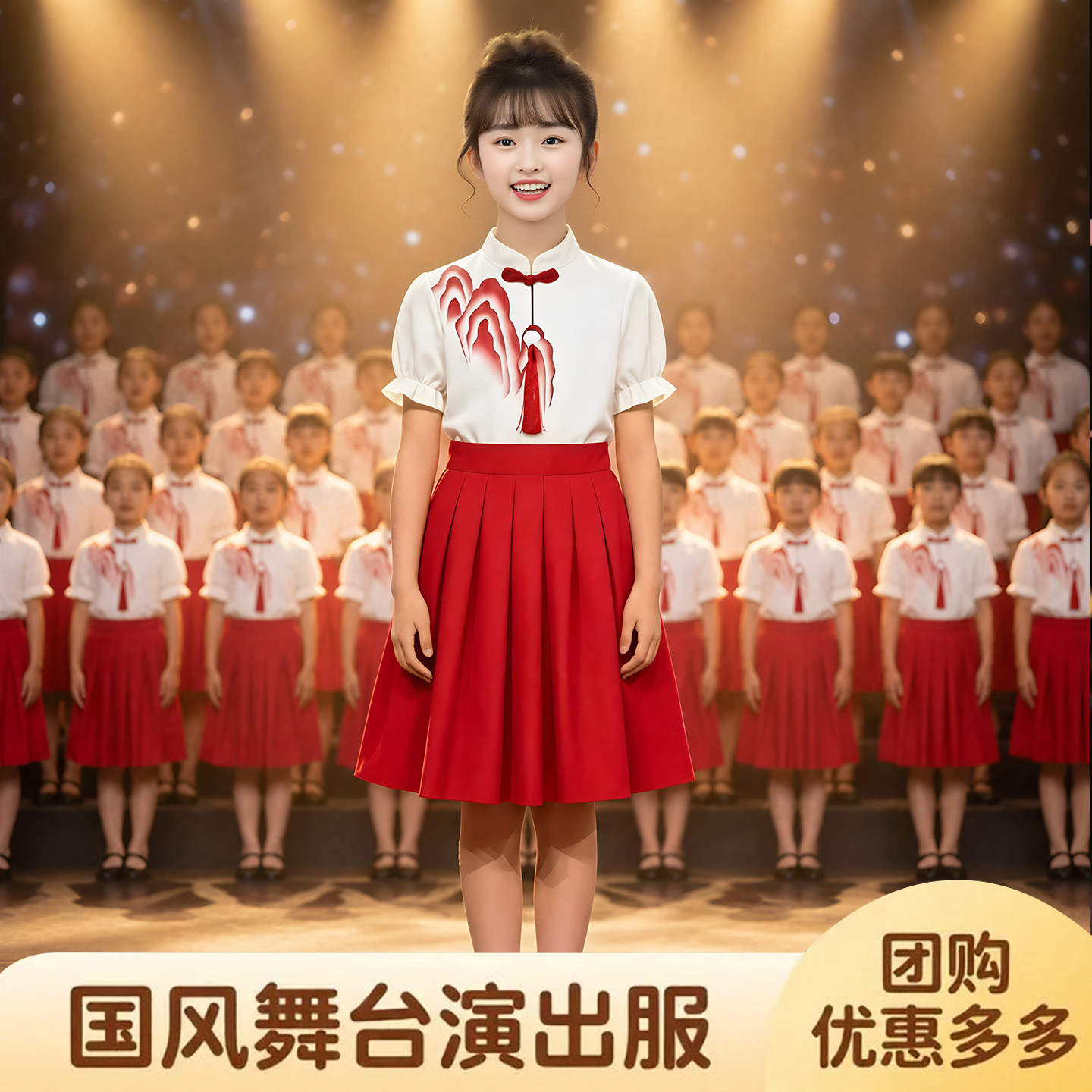 十一儿童合唱演出服女童诗歌朗诵红白色国风服装小学生演讲表演服