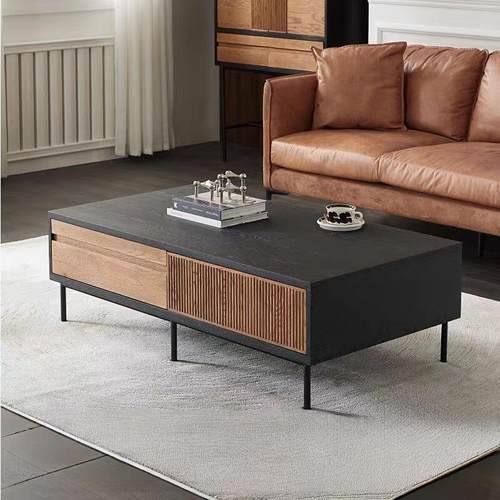 设计师茶几北欧黑色侘寂风储物小户型拼复古橡木茶桌抽屉实木现代