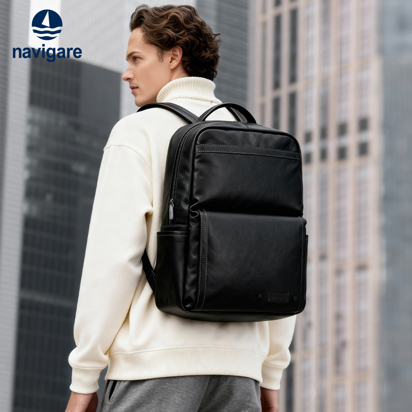 Navigare意大利小帆船男士真皮双肩包牛皮电脑背包出差皮质通勤