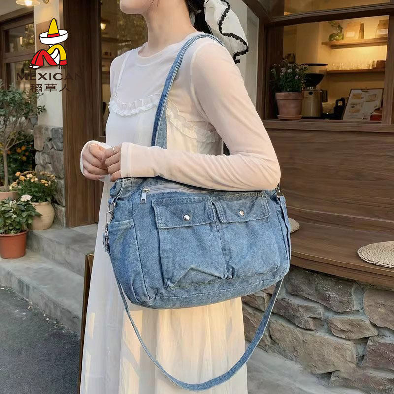 稻草人牛仔托特包大容量学生上课帆布袋小众休闲百搭通勤单肩包