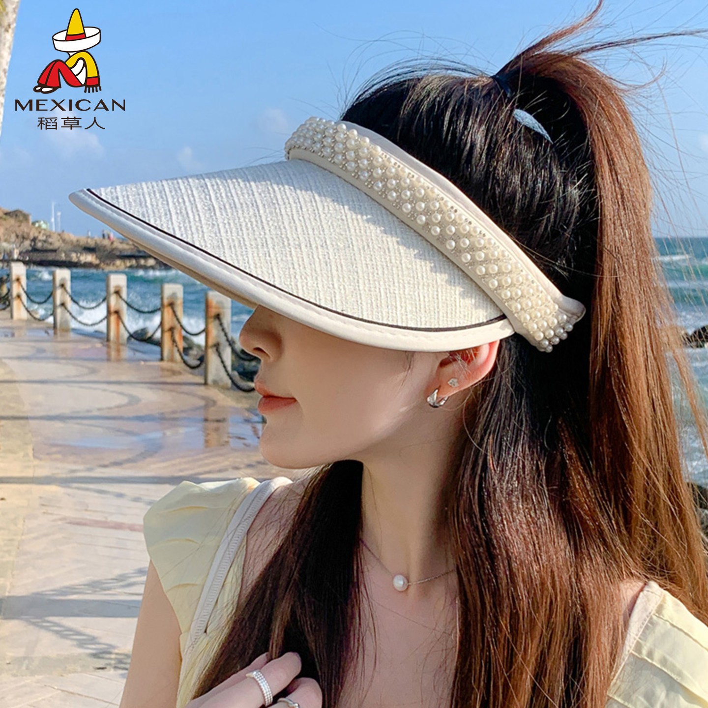 稻草人草帽女夏珍珠帽发箍空顶草编发卡户外遮脸遮阳防晒太阳帽子