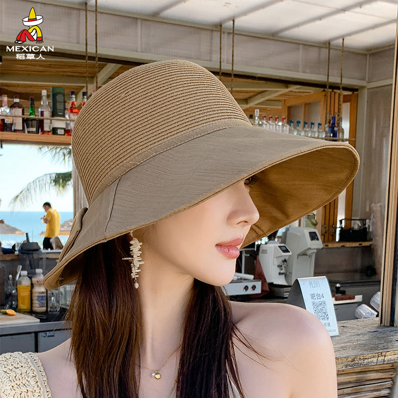 稻草人夏季宽檐草编渔夫帽女百搭防晒遮阳帽海边出游大帽檐帽子
