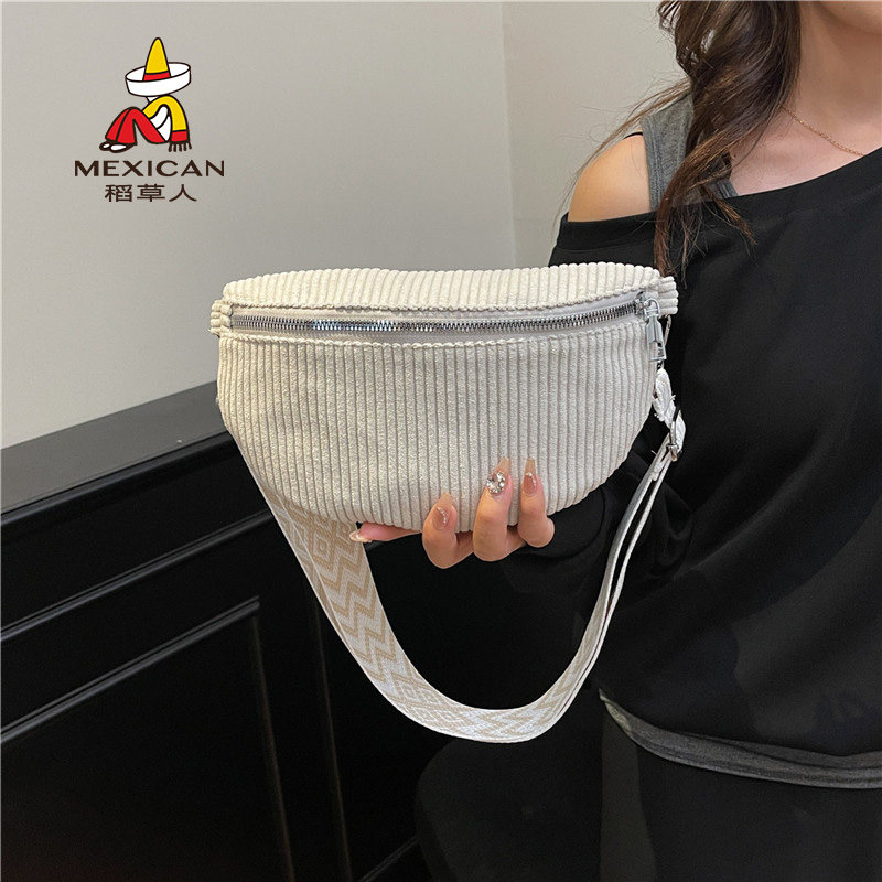 女包2025新款街头潮流帆布条绒简约休闲腰包单肩斜挎小背包