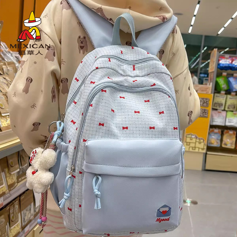 稻草人新款高颜值卡通蝴蝶结格纹背包初高中生轻便旅行双肩包