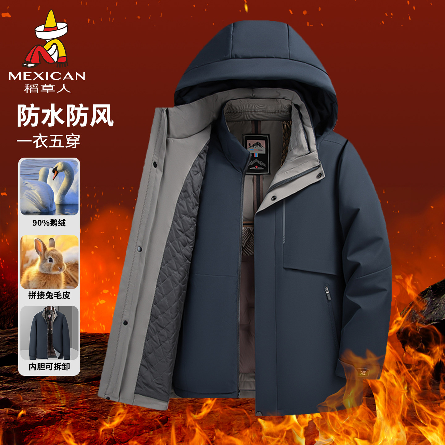 稻草人冬季鹅绒男士羽绒服中老年可脱卸内胆保暖加厚爸爸装外套J