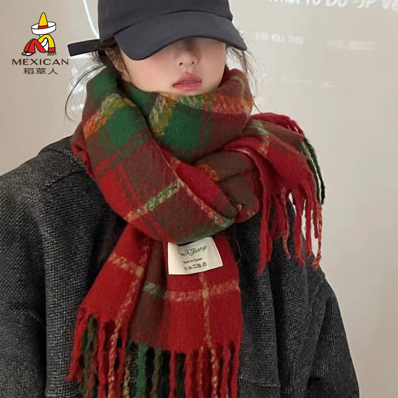 稻草人圣诞新年红色格子围巾女冬季韩版氛围感加厚披肩保暖围脖男
