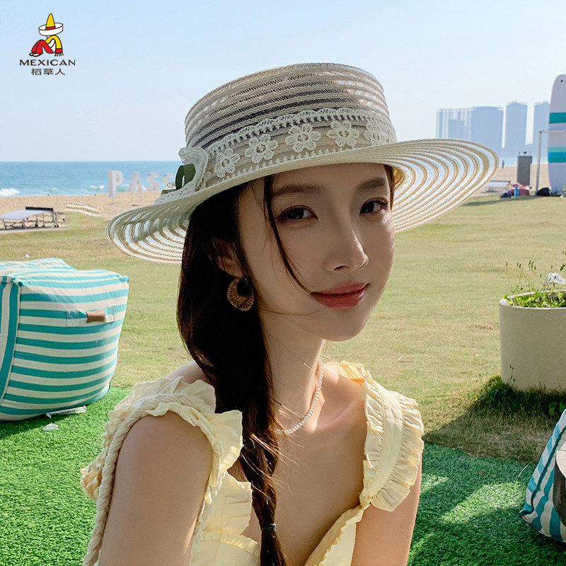 稻草人新款法式蕾丝蝴蝶结平檐草编帽女夏季海边度假防晒遮阳帽子