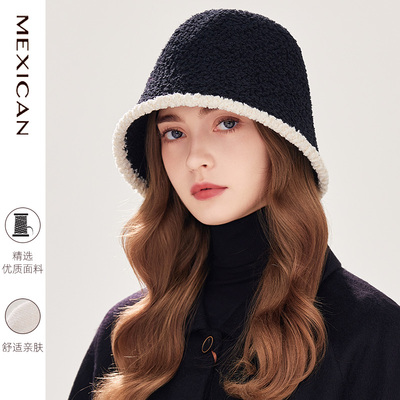 稻草人黑色渔夫帽女秋冬季新款加绒厚保暖月子水桶帽显脸小盆帽子