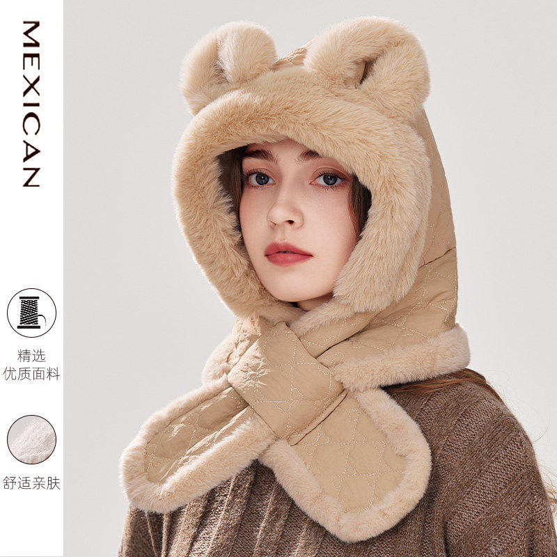 稻草人小熊帽子女围脖围巾一体连帽两件套冬季防风寒保暖护耳毛绒,服饰配件/皮带/帽子/围巾,帽子,淘宝优惠券,粉丝福利购,淘宝优惠卷