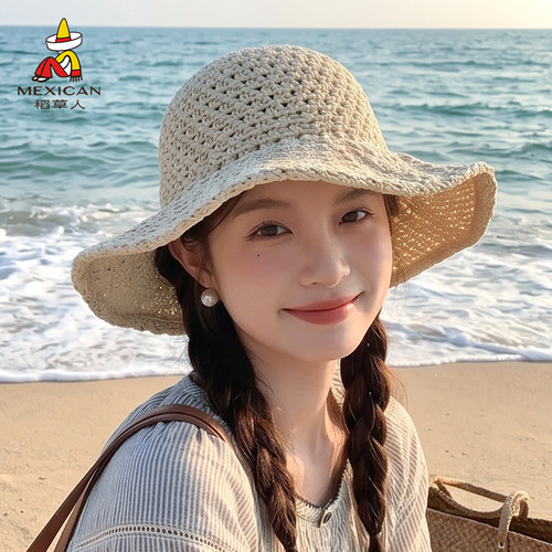 稻草人镂空渔夫帽女夏草帽遮阳帽