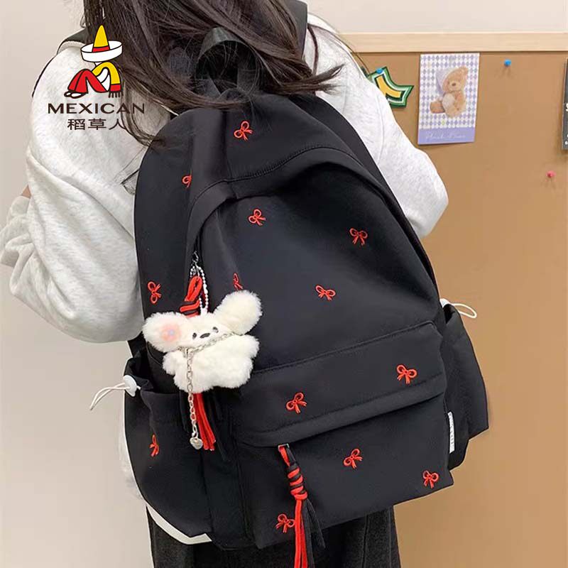 稻草人简约百搭双肩包大学生中学生可爱刺绣蝴蝶结轻便出游背包