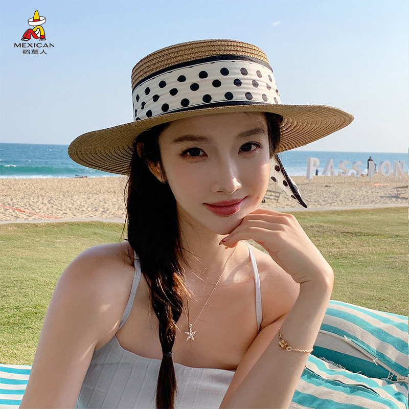 稻草人法式波点草编平顶礼帽女夏季海边度假防晒遮阳帽宽檐草帽子