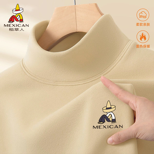 t恤内搭服K 半高领新款 稻草人印花品牌秋冬保暖加绒上衣男士 打底衫