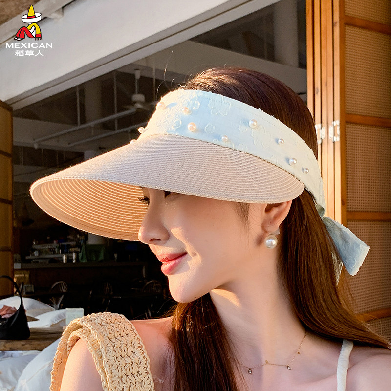 稻草人夏季珍珠拉菲草空顶帽女时尚大帽檐防晒遮阳帽户外草编帽