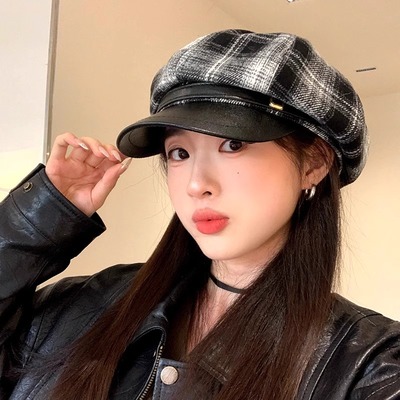 稻草人毛呢质感格子鸭舌帽英伦复古八角贝雷画家帽秋冬女报童帽子