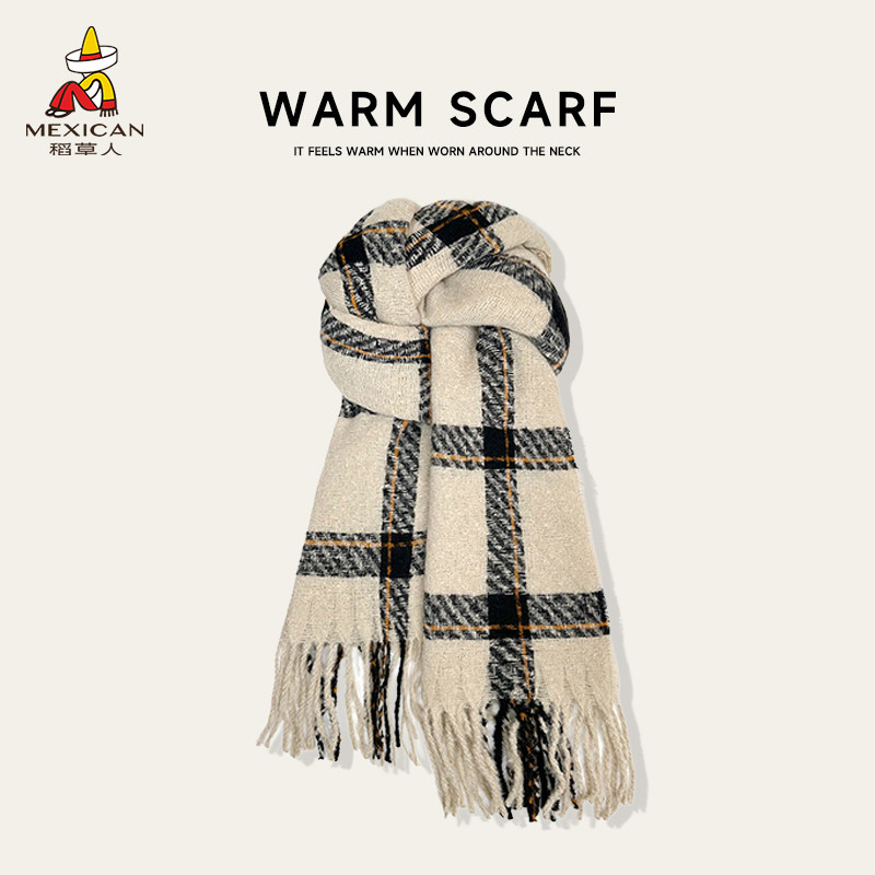 稻草人围巾女2025新款韩系氛围高级感秋冬加厚百搭格子披肩围巾男