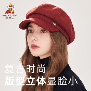 稻草人2025秋冬季新款贝雷帽女显脸小八角帽红色复古报童画家帽子