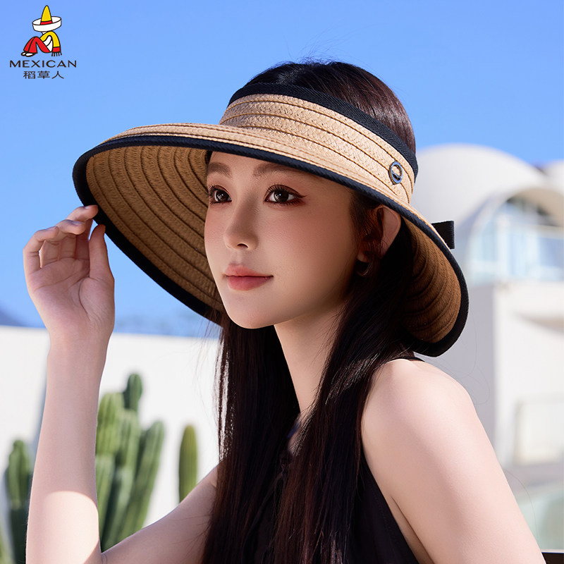 稻草人夏季防晒透气空顶草帽女大檐显脸小遮阳帽防紫外线度假风