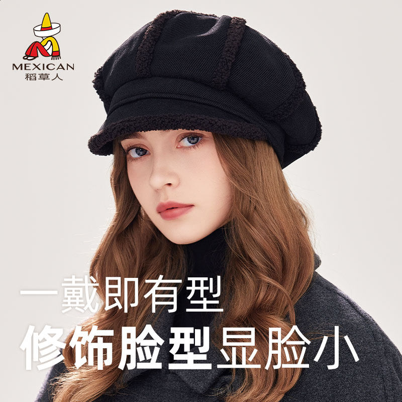 稻草人八角贝雷帽子女秋冬新款大头围显脸小网红英伦风复古报童帽