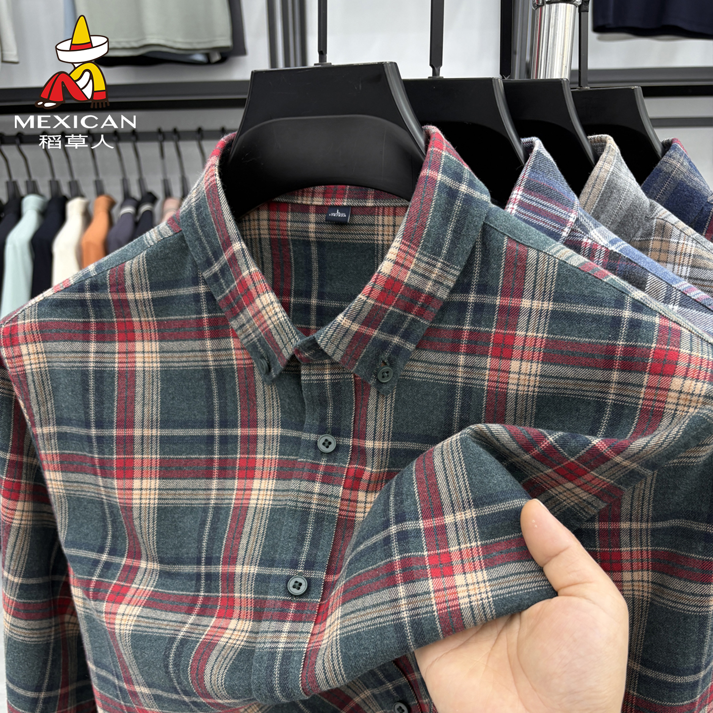 稻草人男士长袖格子衬衫春秋款宽松休闲外套纯棉百搭宽松衬衣J