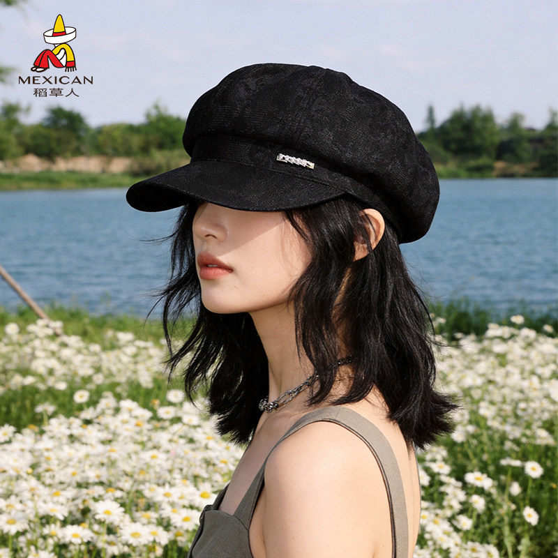 稻草人韩版复古黑色八角帽女春夏百搭显脸小报童帽大头围贝雷帽