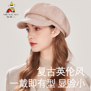 稻草人帽子日系复古文艺风鸭舌贝雷帽女士气质显脸小八角帽云朵帽