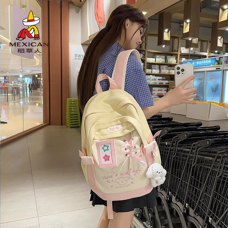 稻草人新款高颜值清新甜美背包撞色拼接轻便旅行大容量双肩包