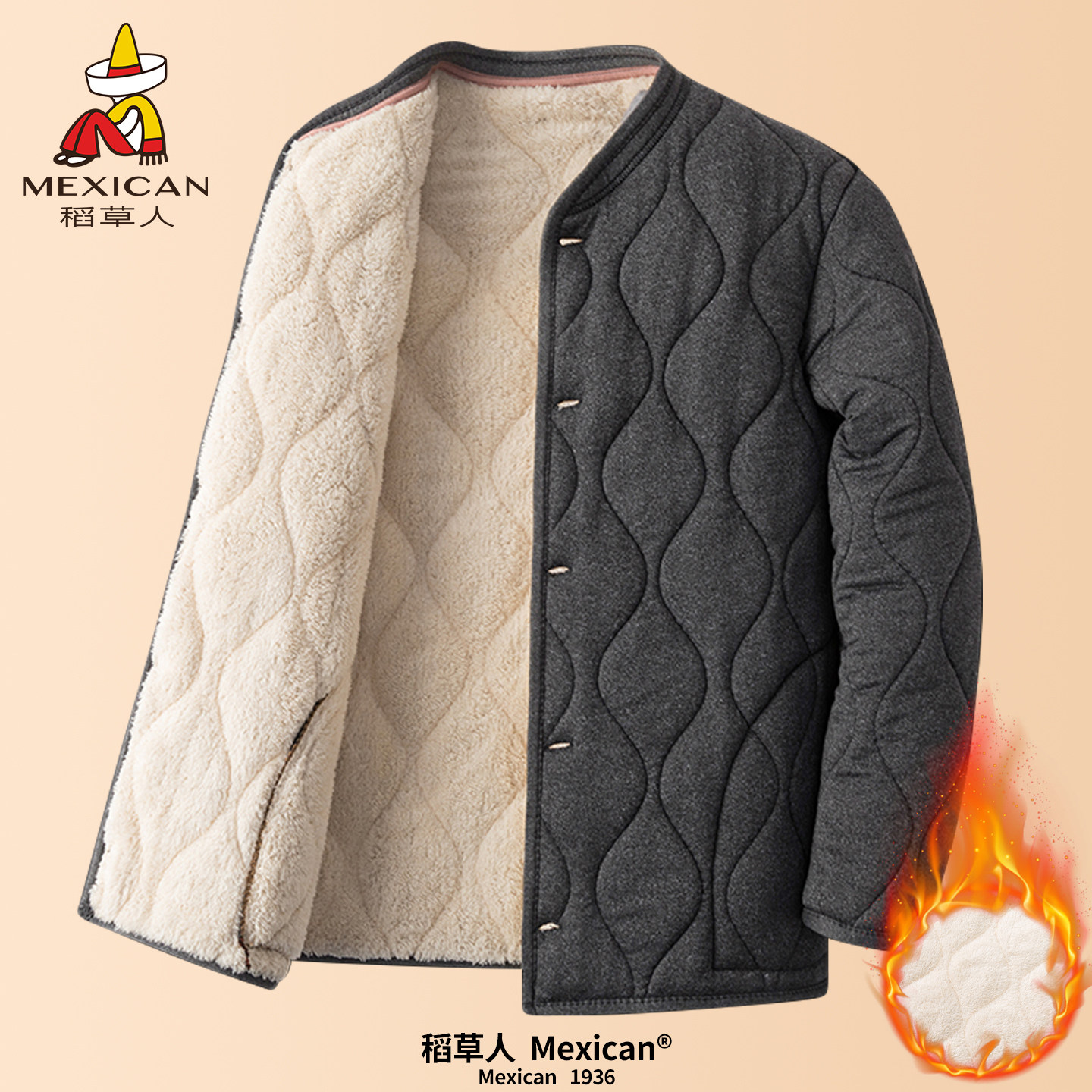 稻草人冬季男士新款羊驼绒棉服中老年保暖外套爸爸装内胆小棉袄J