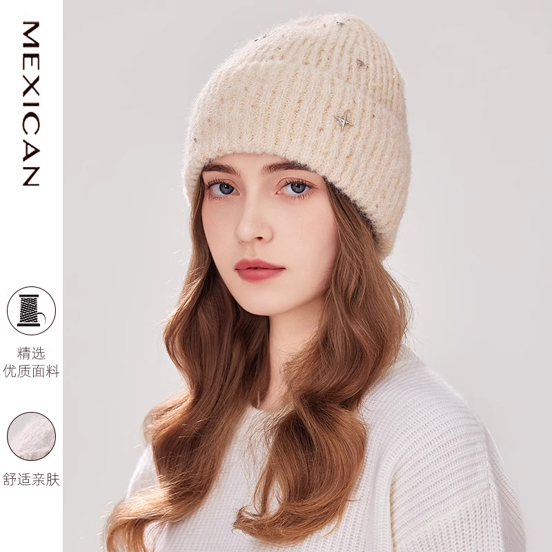 稻草人新款大头围堆堆帽子女秋冬保暖月子毛线帽护耳针织户外冷帽