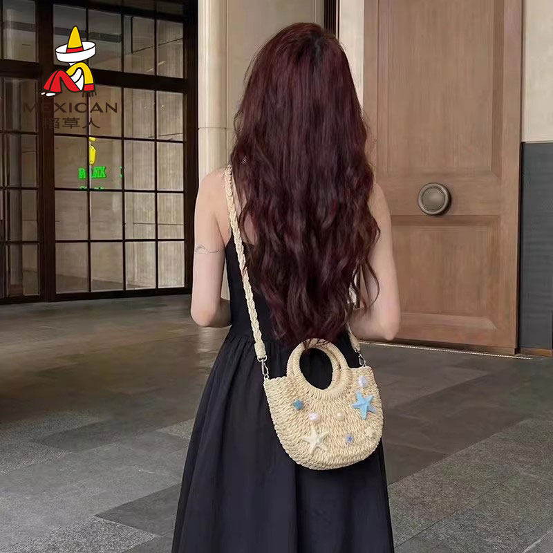 稻草人法式小众手提草编包2026新款海边度假包斜挎菜篮子编织包