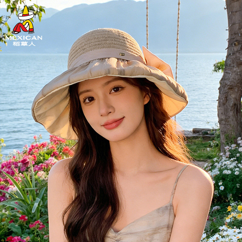 稻草人休闲防晒帽女夏季大帽檐遮脸宽檐草帽度假沙滩遮阳帽太阳帽