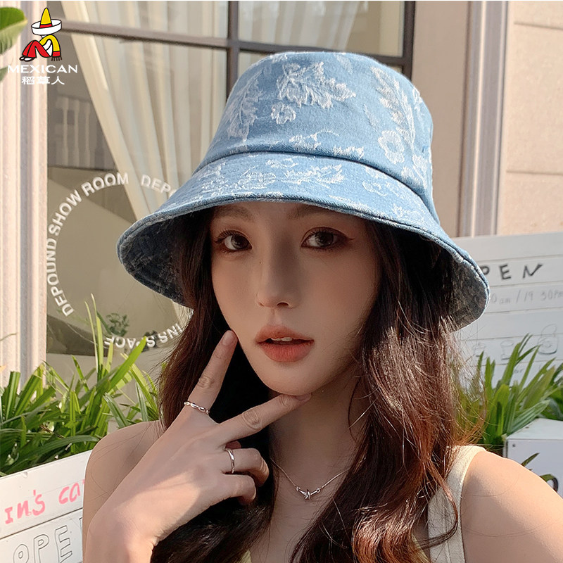 稻草人时尚牛仔印花水洗渔夫帽女休闲夏季宽檐遮阳防晒百搭盆帽