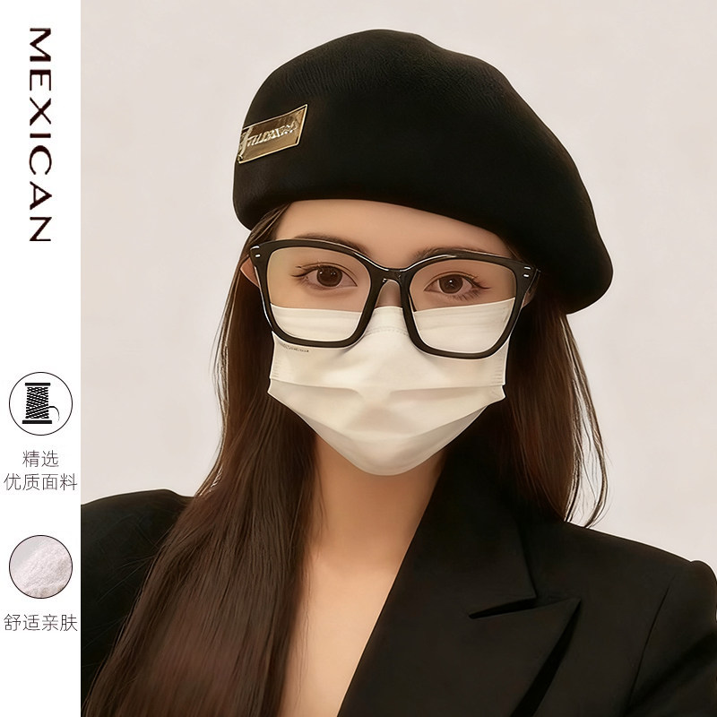 稻草人贝雷帽女2025新款秋冬显脸小画家帽大头围羊毛呢黑色前进帽