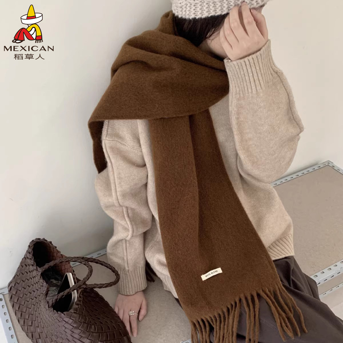 稻草人棕色羊毛混纺围巾女冬季2025新款韩系百搭情侣披肩保暖围脖