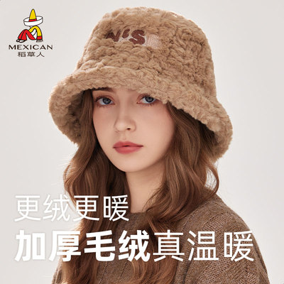 稻草人新款大头围羊羔绒渔夫帽冬