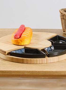 工厂现货竹木芝士三个陶瓷碗的圆形可旋带转奶酪板套抽装板内NZ17