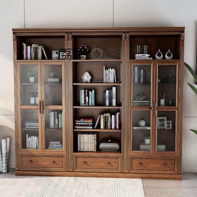 LJLL美式实木书柜书架置物架组合柜子无门简约轻奢落地客厅柜带玻