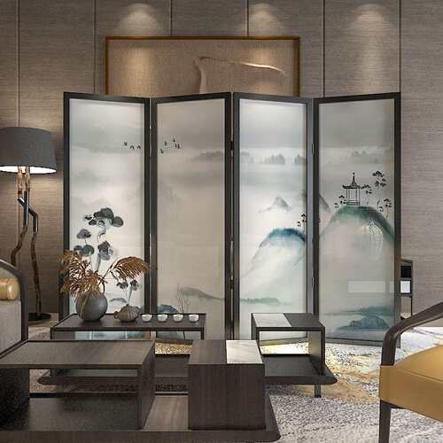 新中式简FHV山水折屏风隔断客厅可移动入户叠遮饰挡约现代茶室装