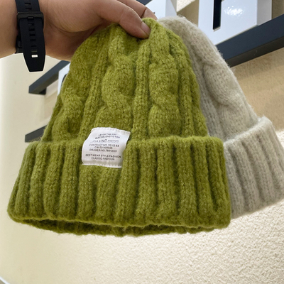 秋冬粗麻花毛线帽子女ins糖果色针织帽布标复古宽松保暖潮冷帽男