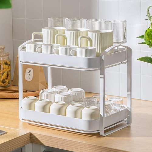 新款杯架杯子收纳置物架双层茶杯架子茶具架可沥水托盘桌面放水杯