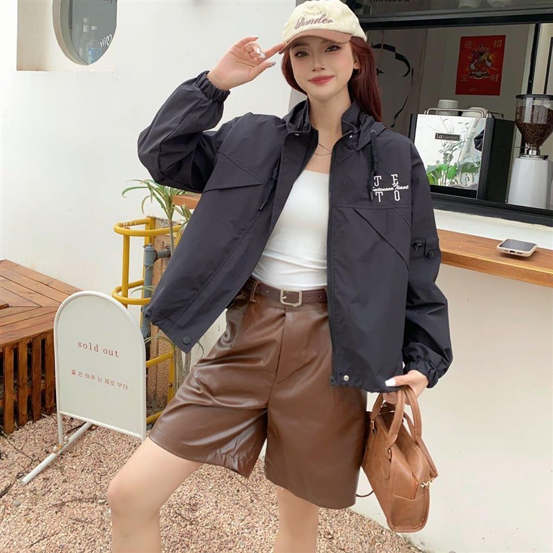 美式连帽冲锋g衣外套女2025春夏新款宽松薄款设计感拉链小个子短