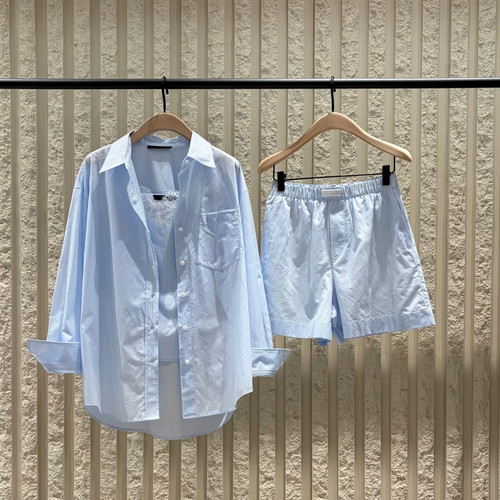 MOCO2026夏新品衬衫背心短裤三件套轻薄长绒棉条纹套装MBF2SUT003