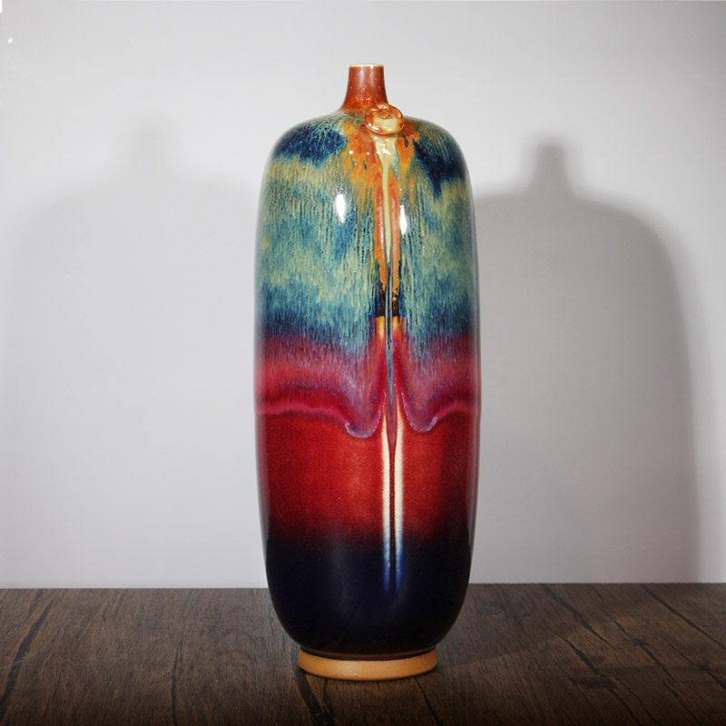 中式禹州神垕钧瓷一枝花花瓶窑变红釉高档家居客厅礼品陶瓷摆件