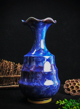 禹州神垕钧陶瓷摆件钧窑变花口竹节瓶装饰品家居客厅大师工艺送礼