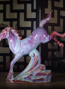 钧瓷摆件白伟峰大师炭烧作品踏马祥云陶瓷家居办公室博古架装饰品