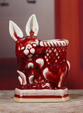 钧瓷笔筒陶瓷可爱兔子办公室桌面摆件古风宫廷中式茶艺开学季礼品