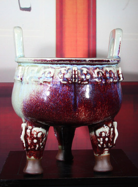 河南钧窑古釉钧瓷煤烧釉三足香炉手工瓷香炉家居佛堂玄关中式摆件