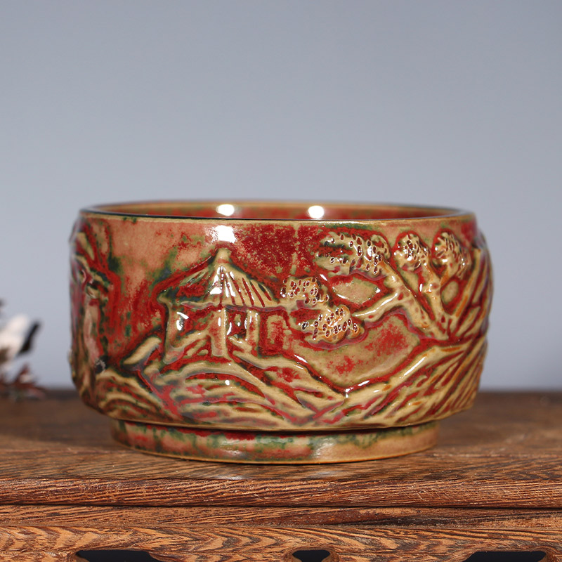 钧瓷茶杯中式复古陶瓷功夫茶具单杯主人杯品茗杯卢晓鹏高浮雕工艺